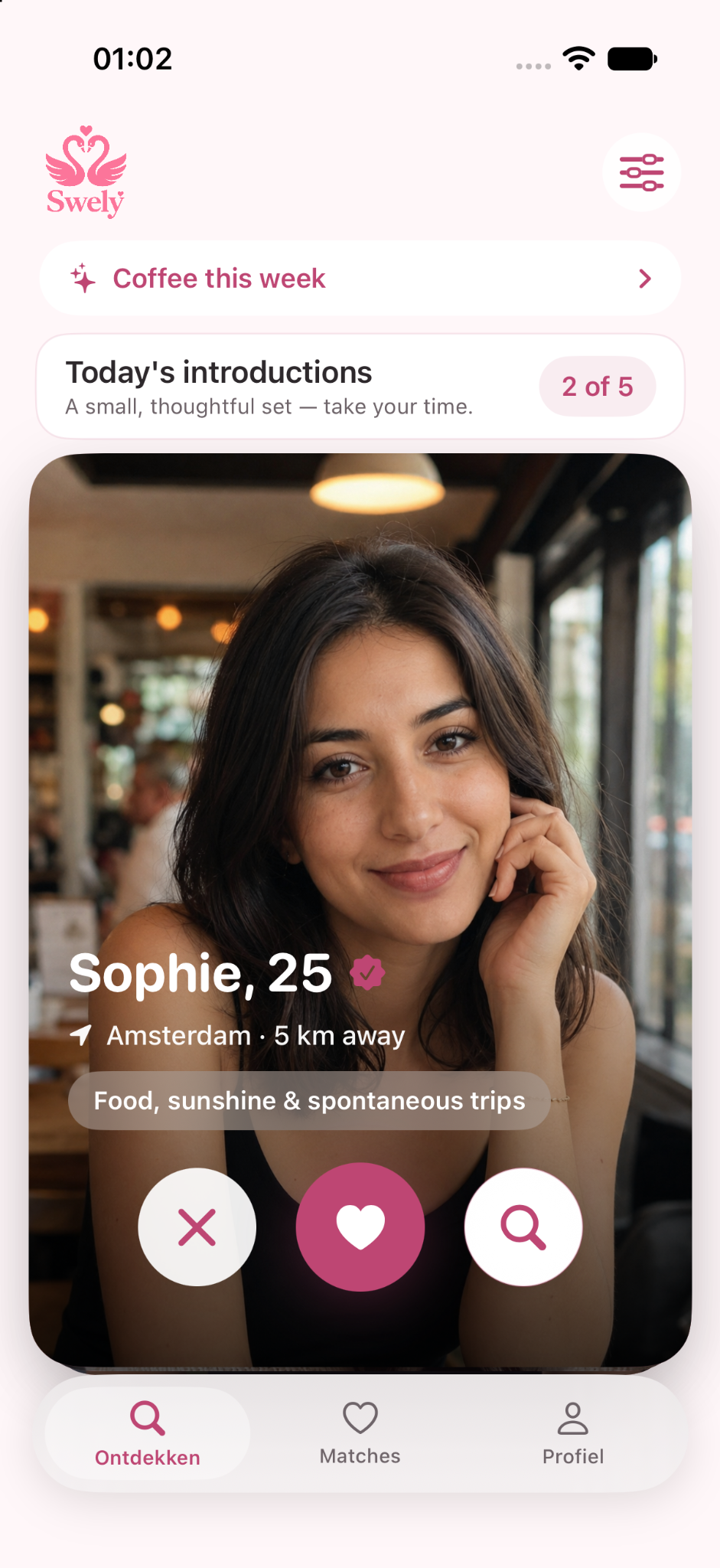 Swely app preview showing profile discovery